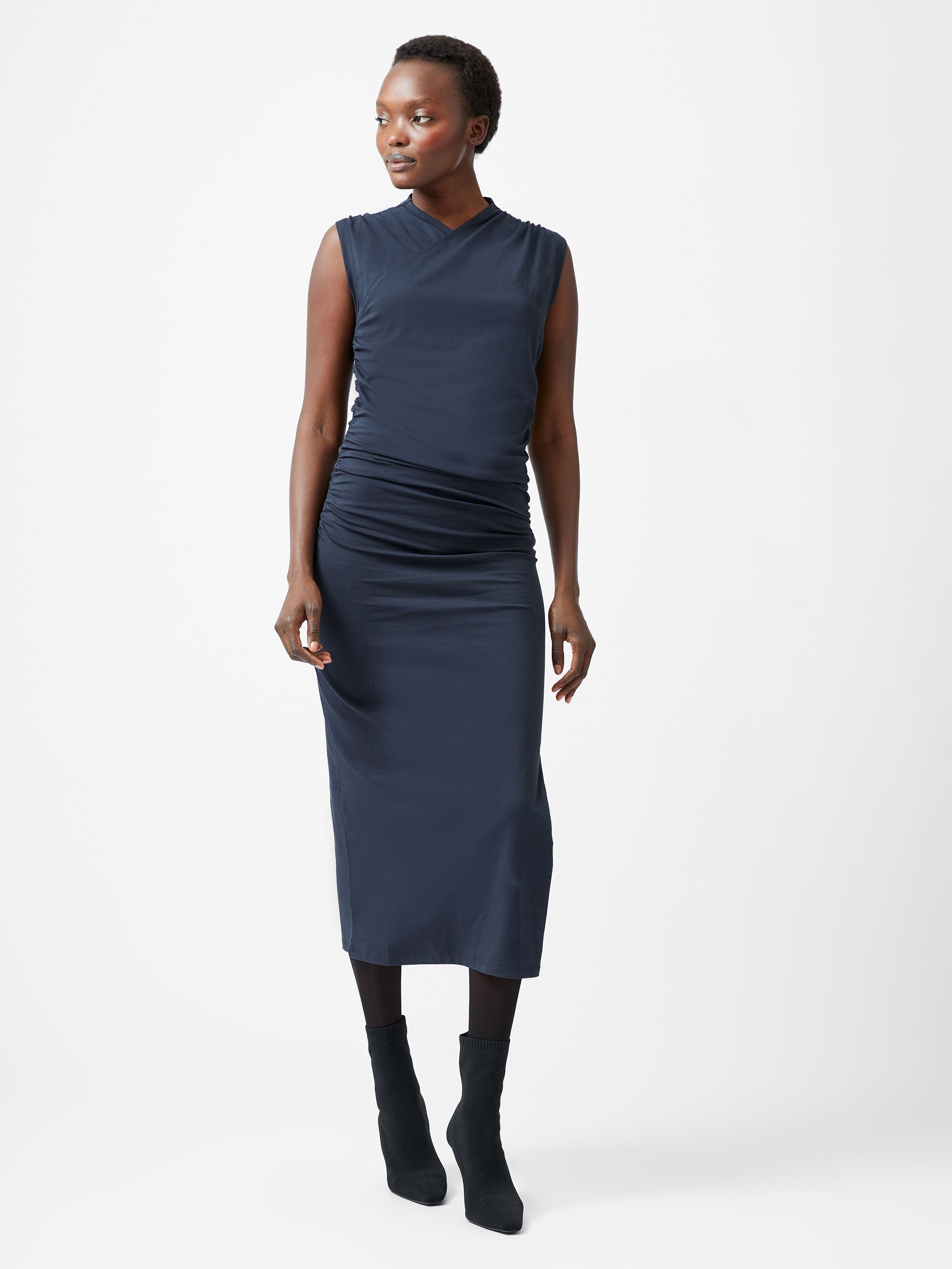 Rallie Cross Over Neck Ruched Midi Dress