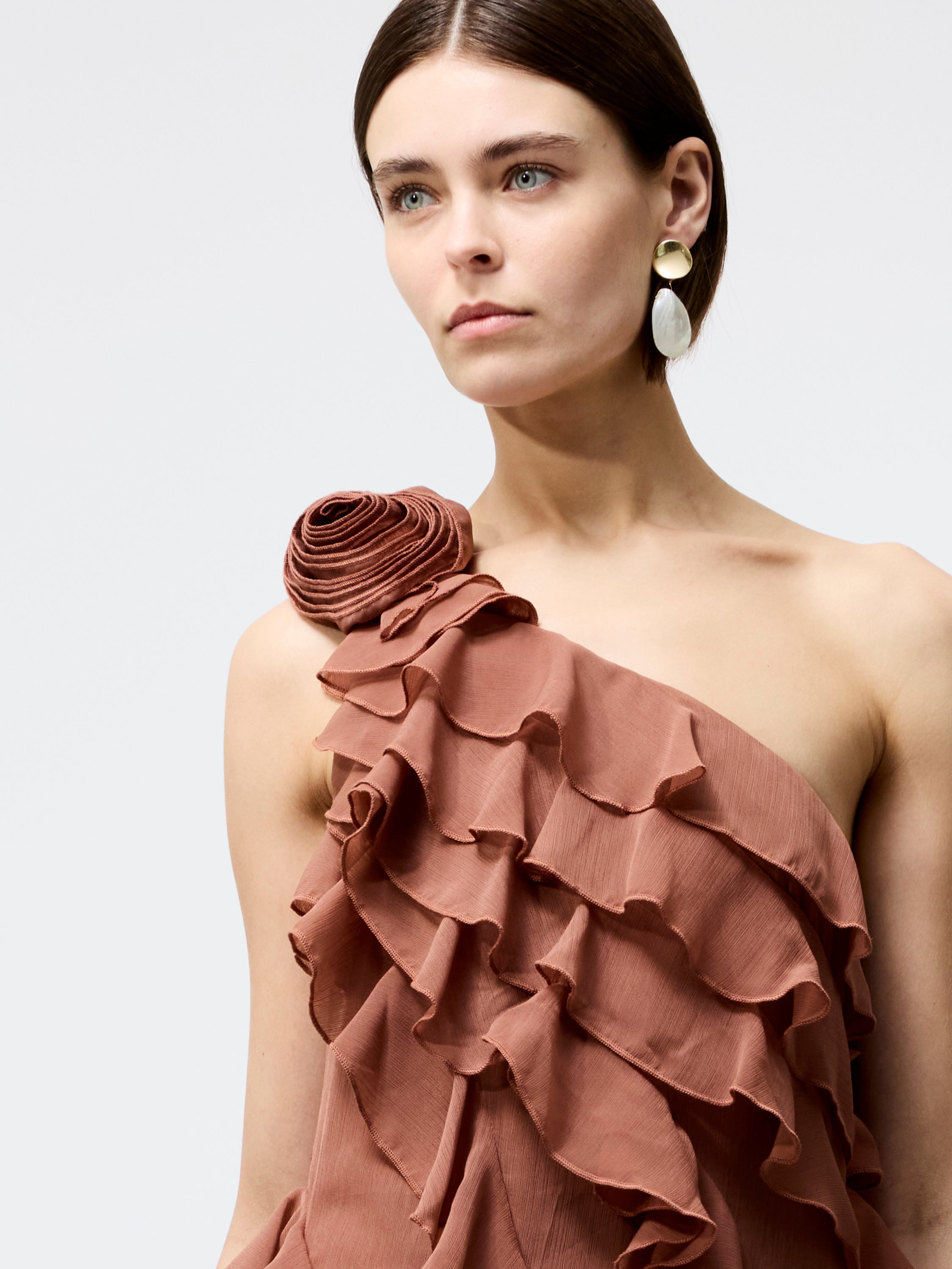 Oskar Georgette Ruffle Midi Dress