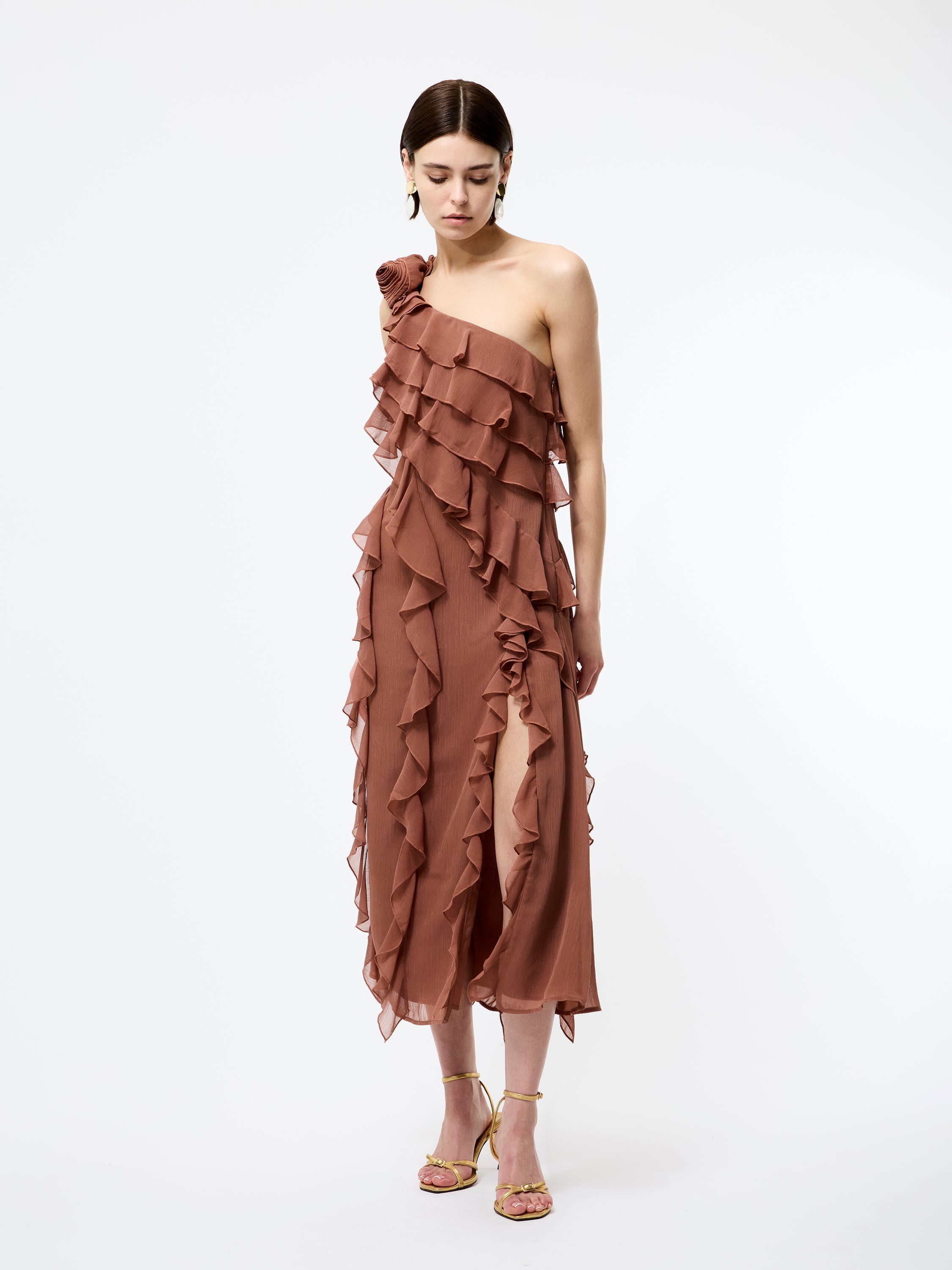 Oskar Georgette Ruffle Midi Dress