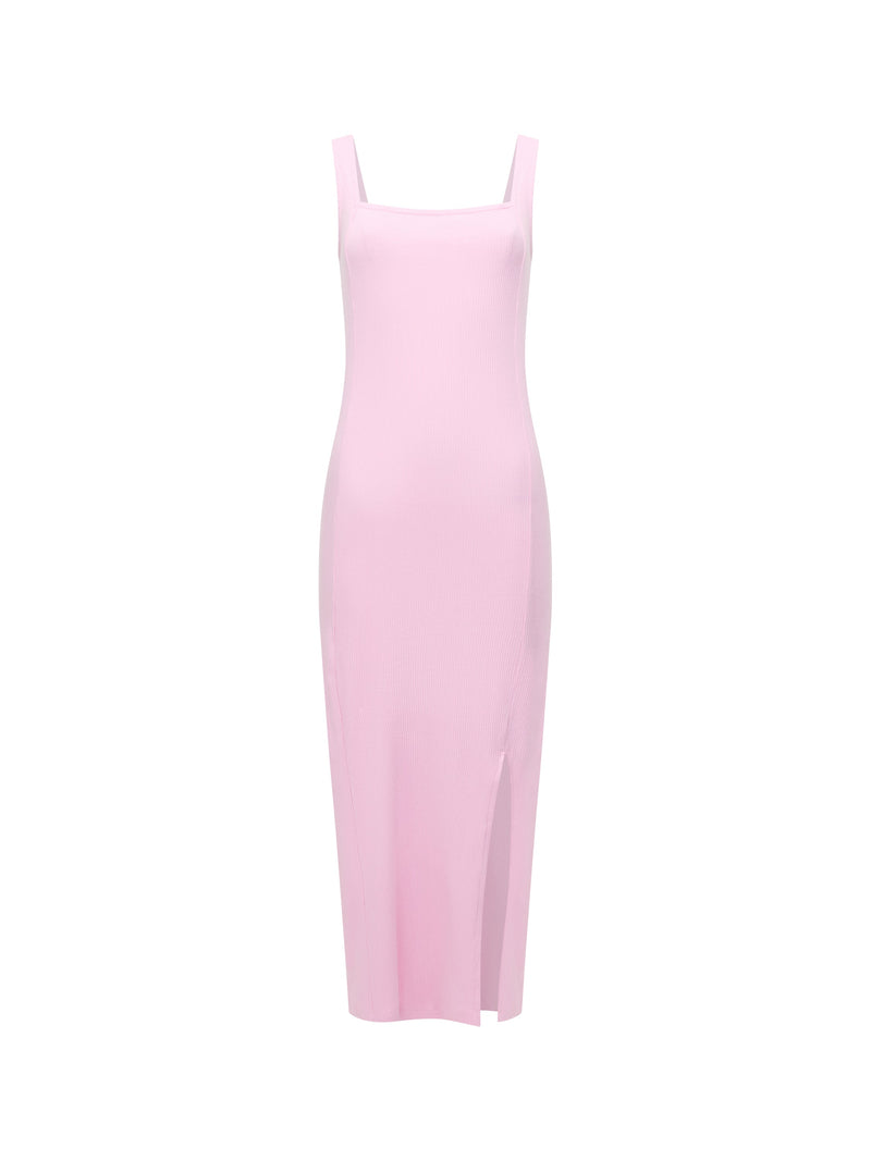 Square Neck Ribbed Bodycon Midi Dress