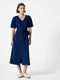 Zaves Chambray Denim V Neck Midi Dress