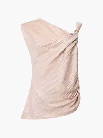 Novie Crinkle Asymmetric Taupe Top
