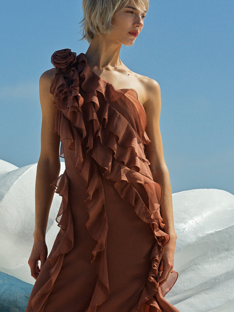 Oskar Georgette Ruffle Midi Dress