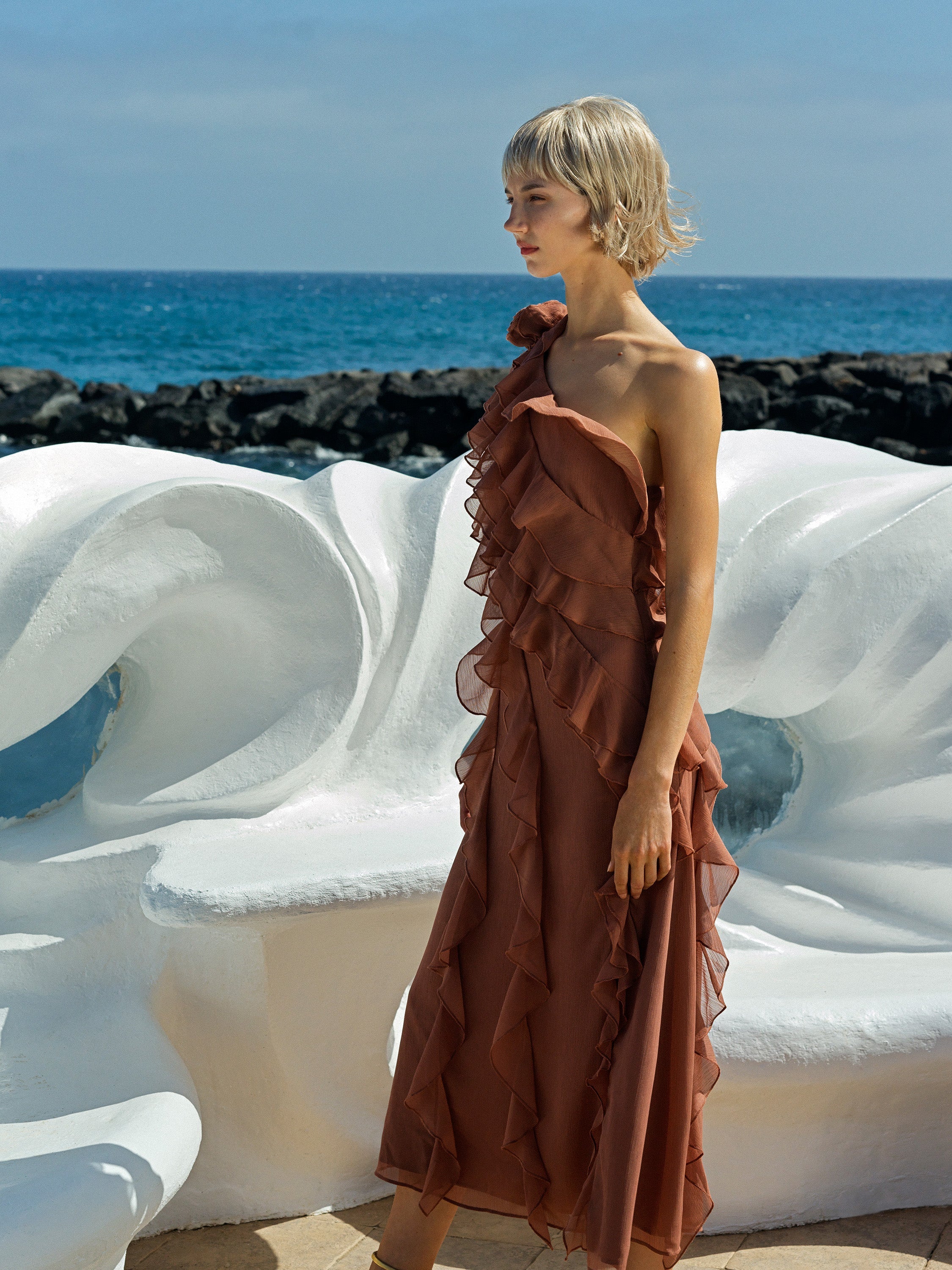 Oskar Georgette Ruffle Midi Dress