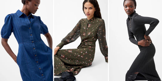 Three women showcase the best autumn dresses: one in a blue denim dress, another in a dark green floral dress, and the last in a stylish charcoal knit dress.