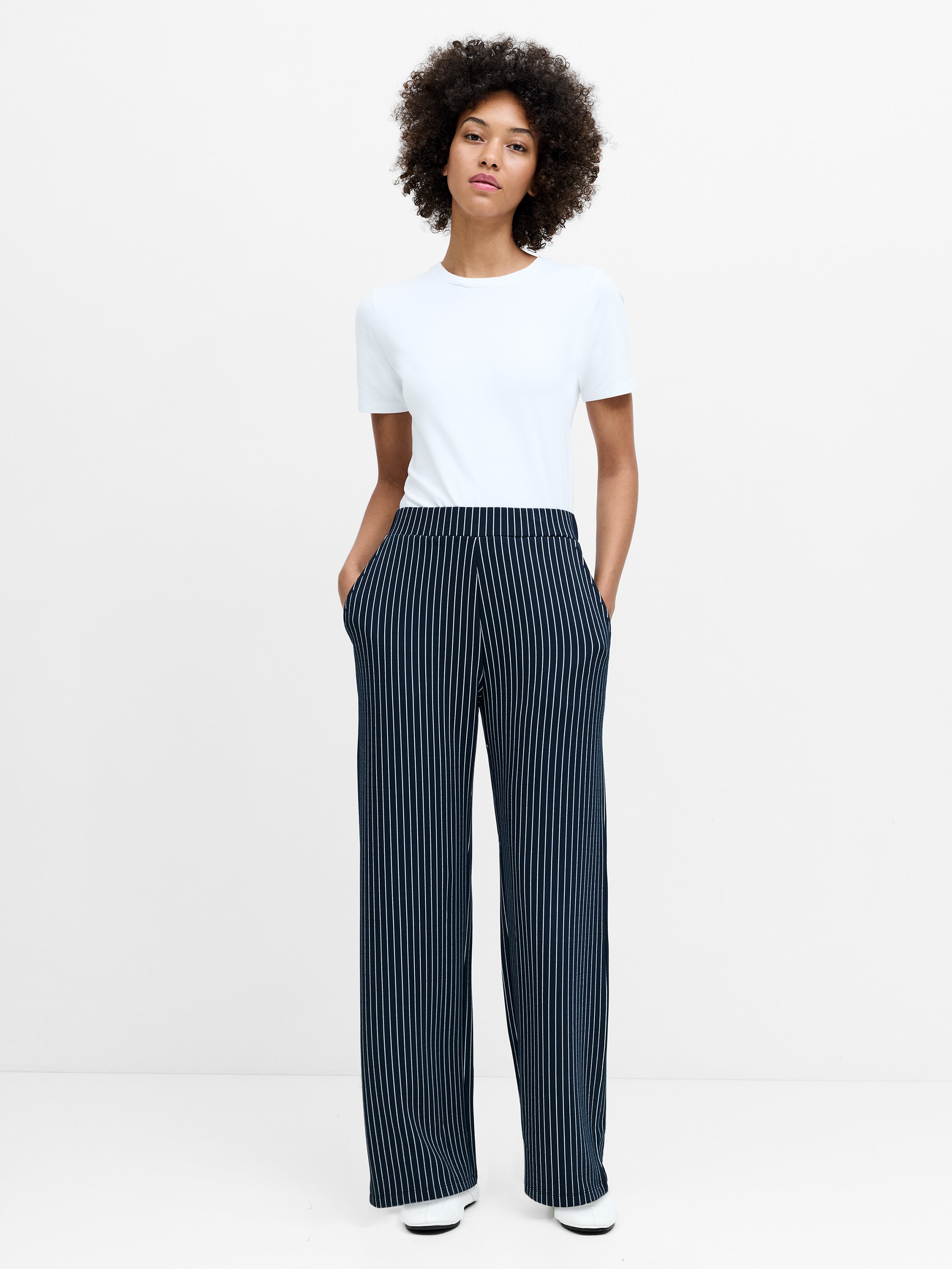 Wren Pinstripe Pull-On Navy Blue Wide Leg Trousers