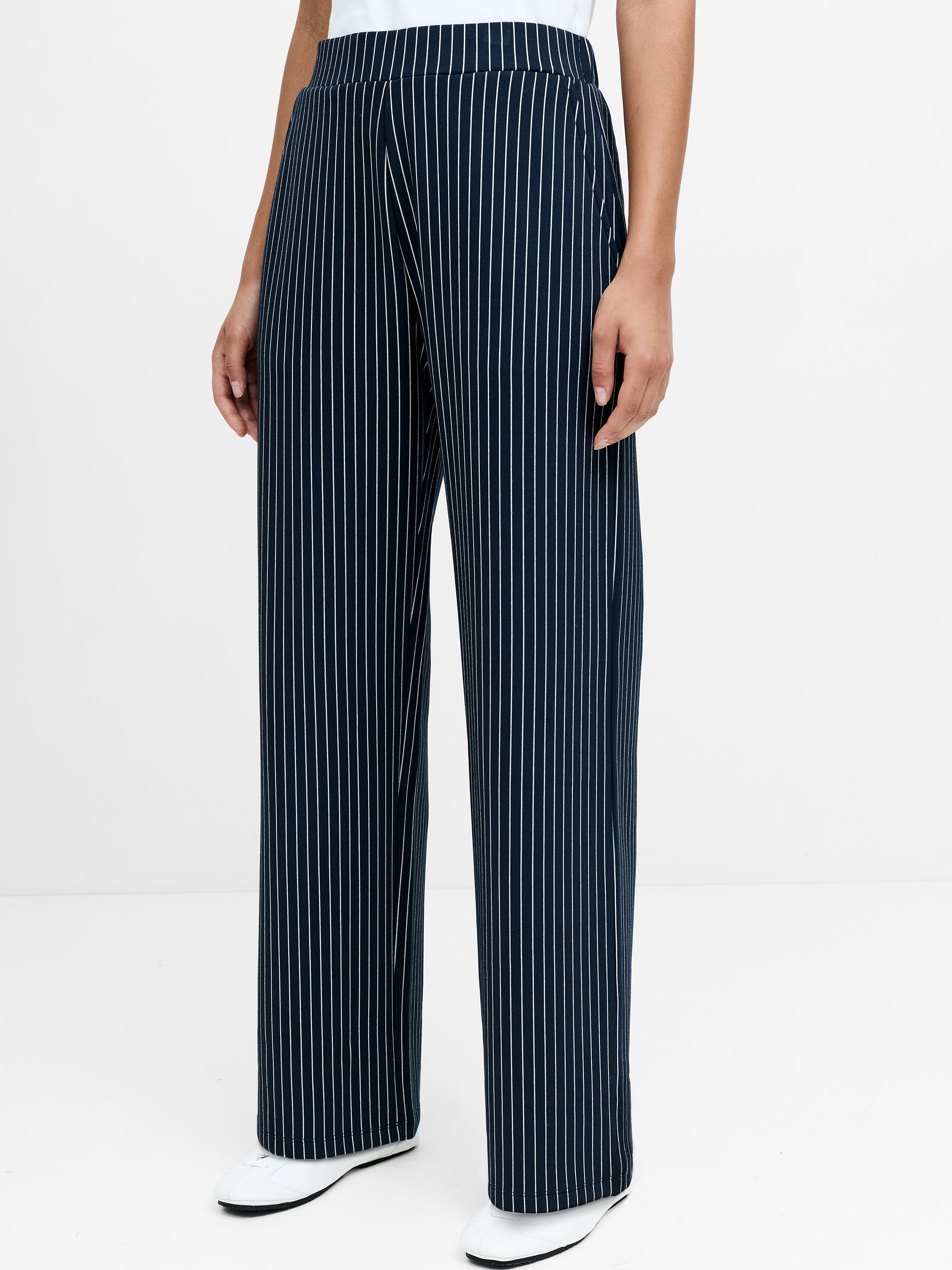 Wren Pinstripe Pull-On Navy Blue Wide Leg Trousers