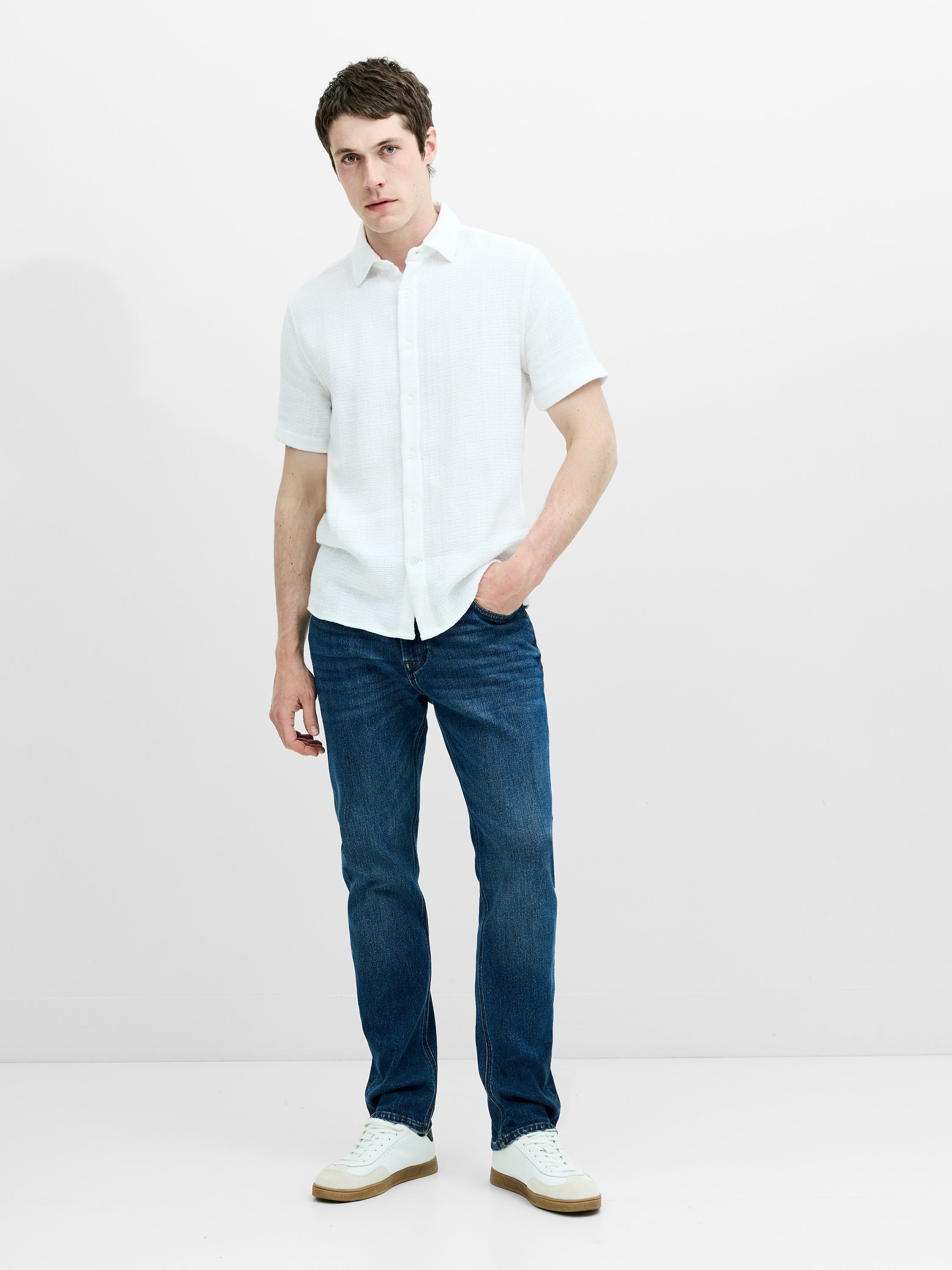 Short Sleeve Open Weave White Button-Through Shirt