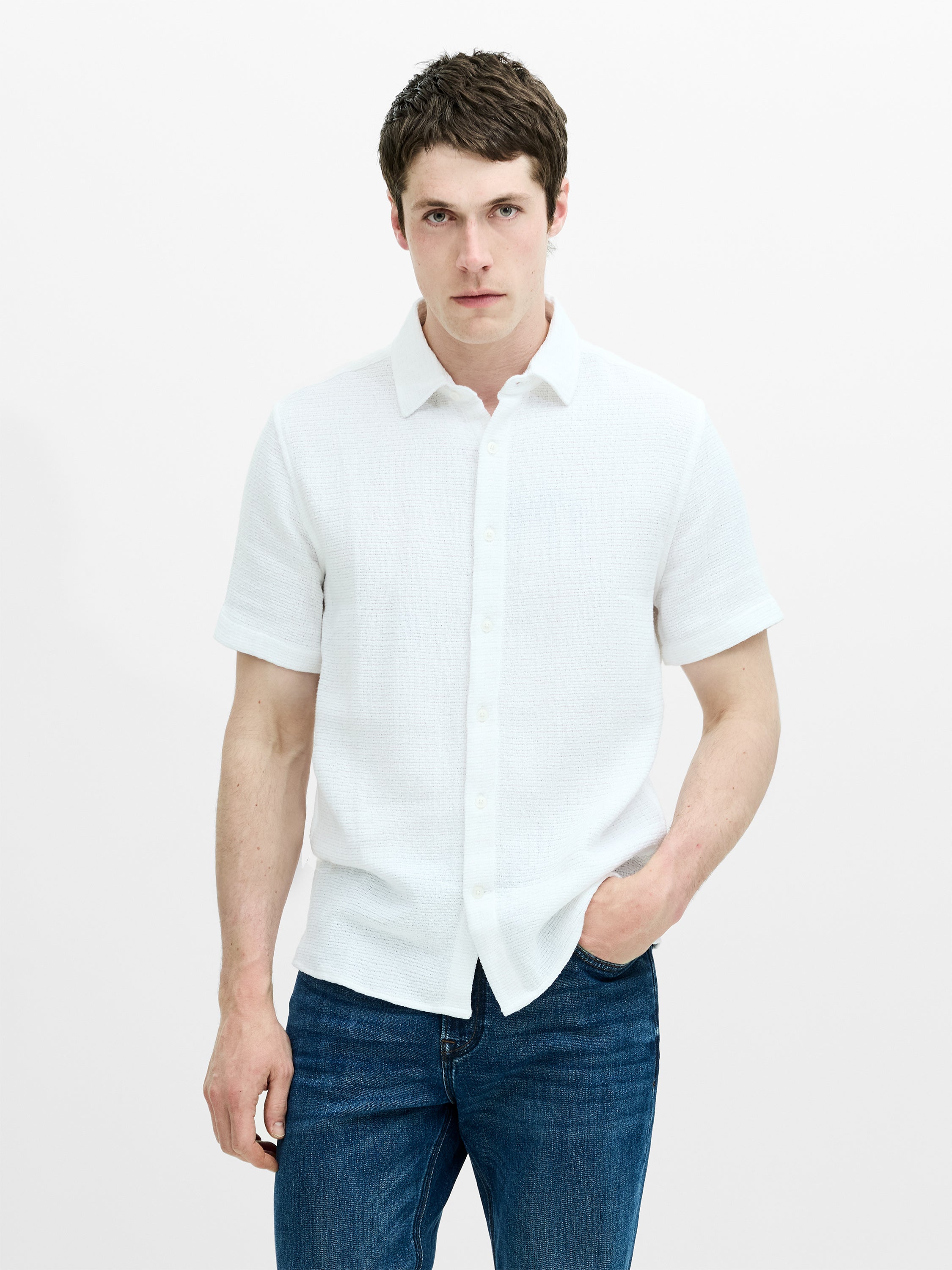 Short Sleeve Open Weave White Button-Through Shirt