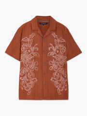 Short Sleeve Dobby Brown Floral Print Holiday Shirt