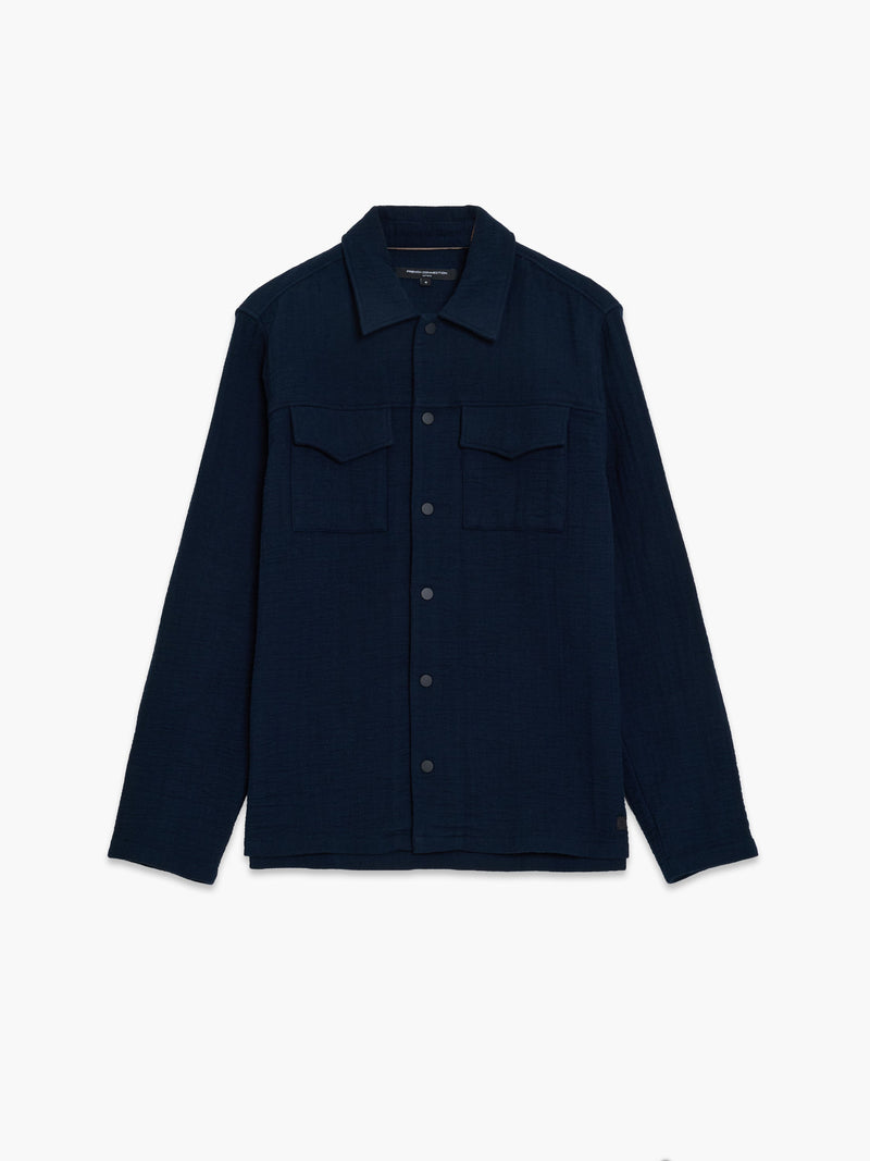A navy blue long sleeve shirt with 2 front pockets