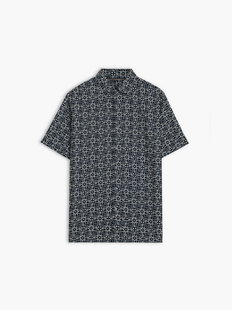 A navy and cream abstract printed short sleeve shirt