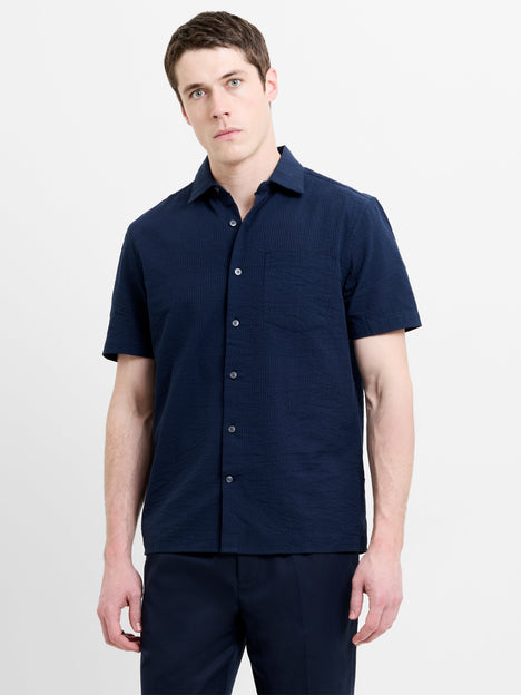 Short Sleeve Seersucker Dark Blue Shirt