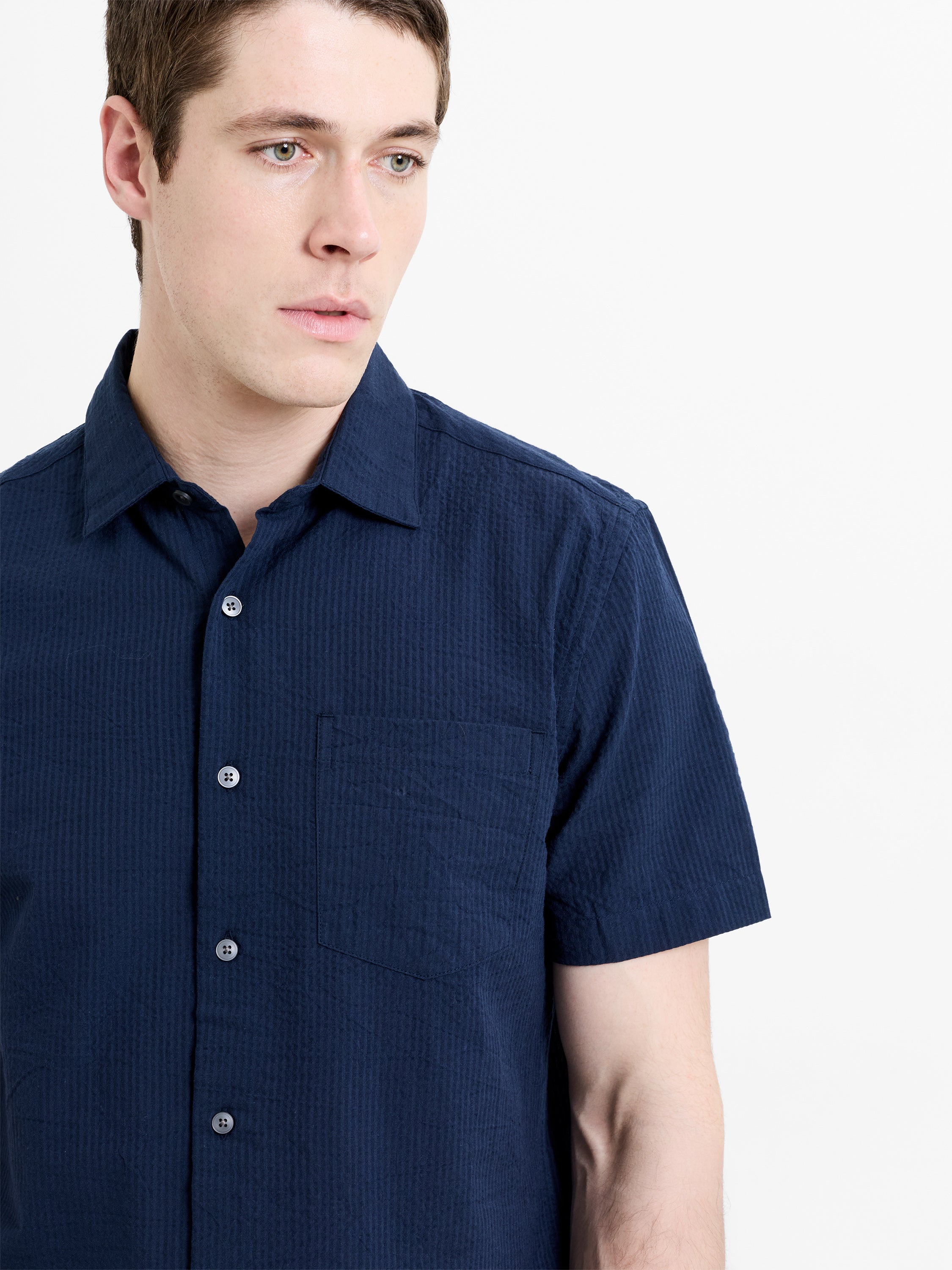 Short Sleeve Seersucker Dark Blue Shirt