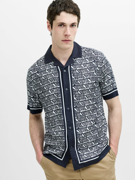 Short Sleeve Geometric Print Navy Holiday Shirt