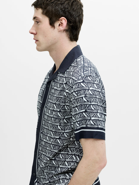 Short Sleeve Geometric Print Navy Holiday Shirt