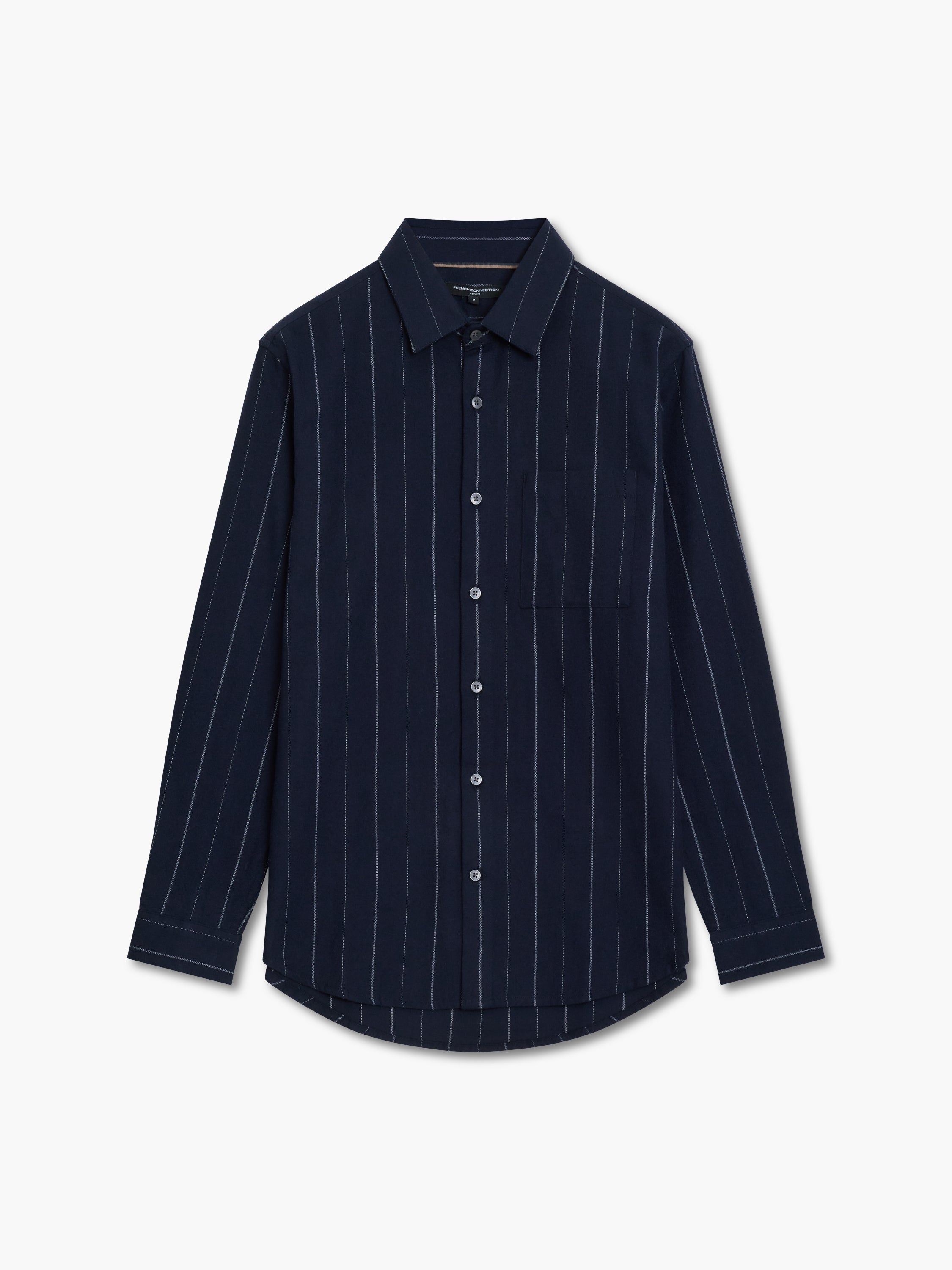 A navy blue long sleeve striped shirt