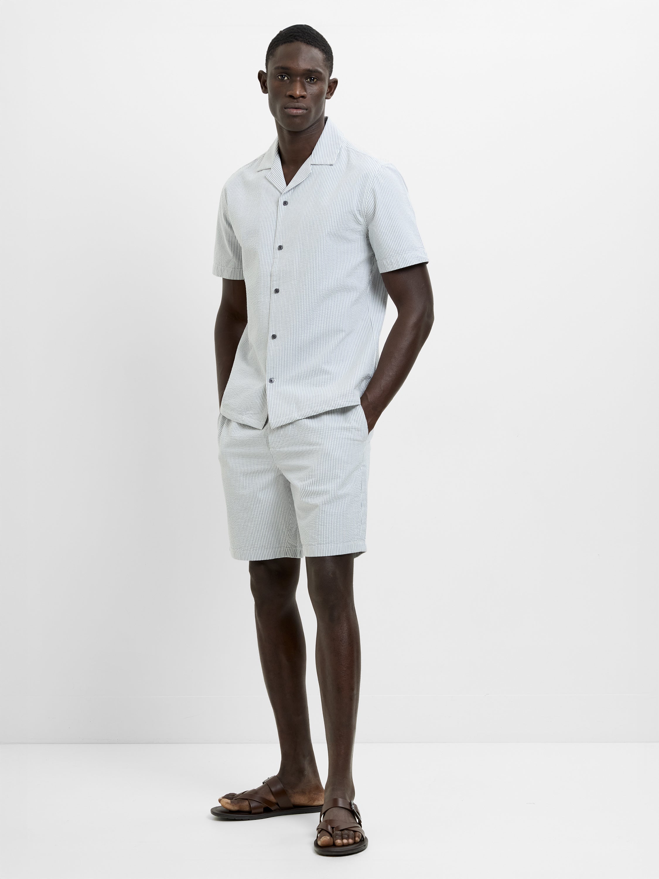 Short Sleeve Seersucker Striped Holiday Shirt