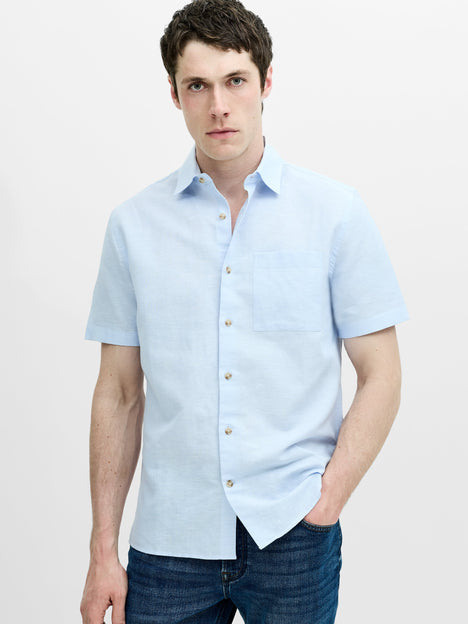 Short Sleeve Light Blue Linen Blend Shirt