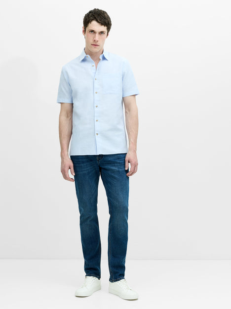Short Sleeve Light Blue Linen Blend Shirt