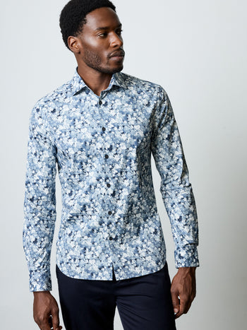 Long Sleeve Slim Fit Faded Flower Print Shirt