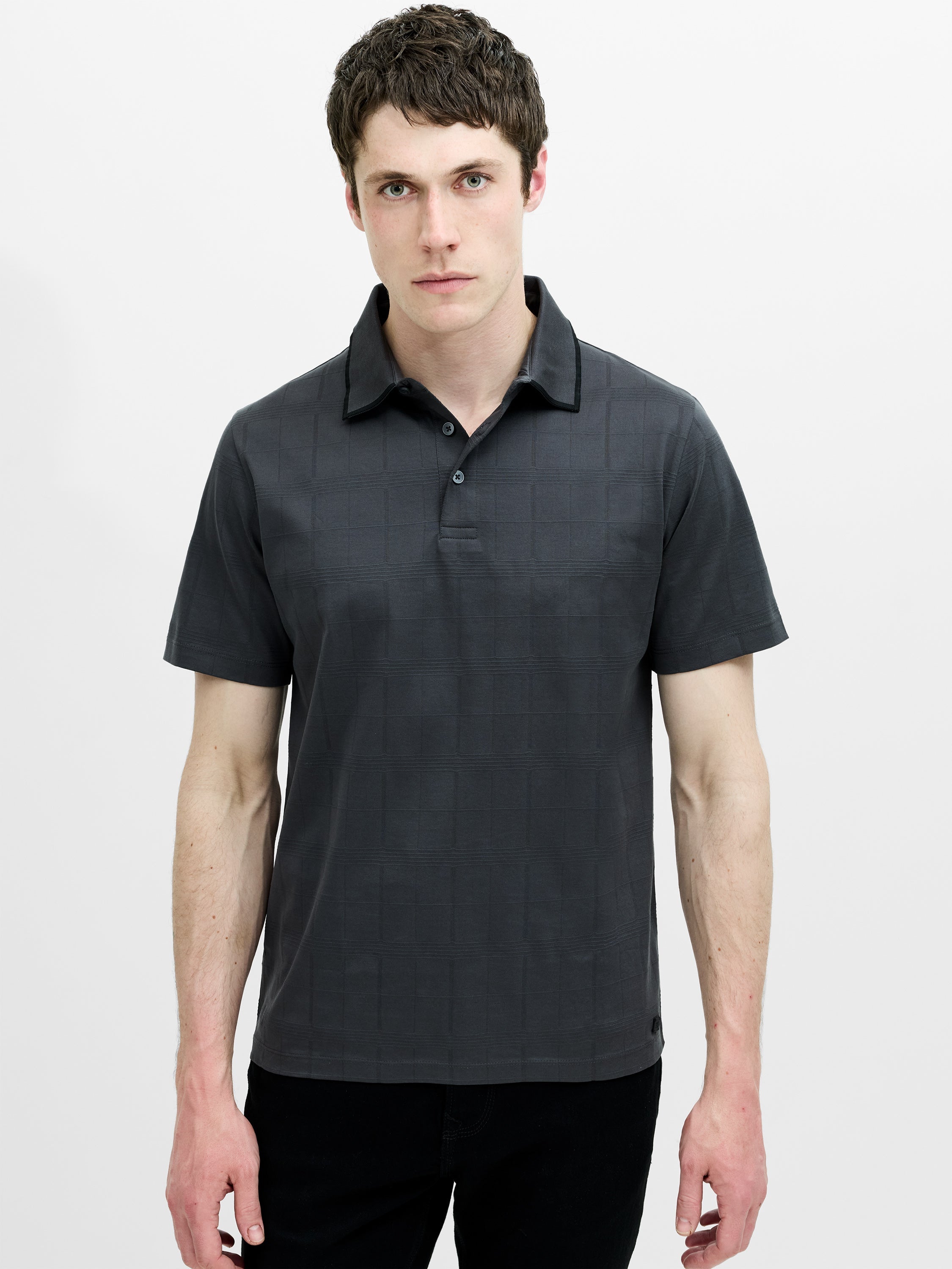 Short Sleeve Box Texture Dark Grey Polo Shirt