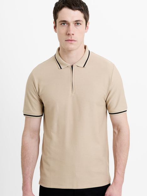 Short Sleeve Phased Twill Zip Knit Polo Shirt