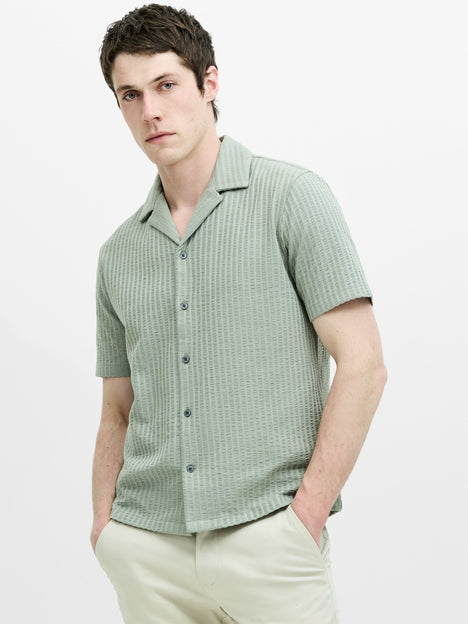 Short Sleeve Seersucker Green Striped Holiday Shirt