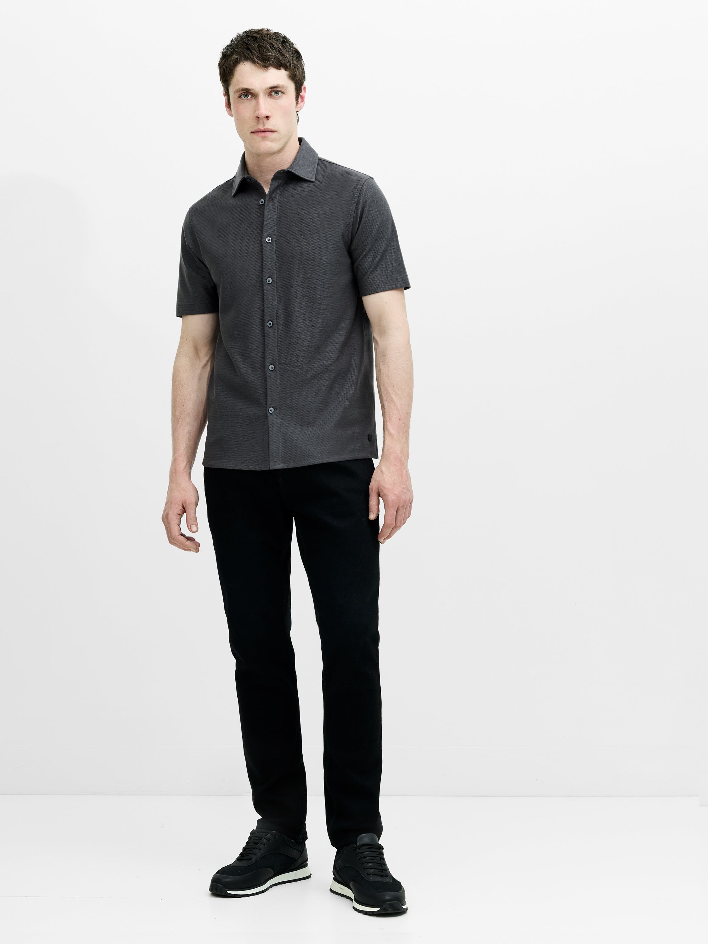 Short Sleeve Button Down Dark Grey Knit Shirt