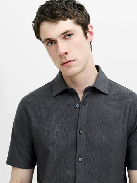 Short Sleeve Button Down Dark Grey Knit Shirt