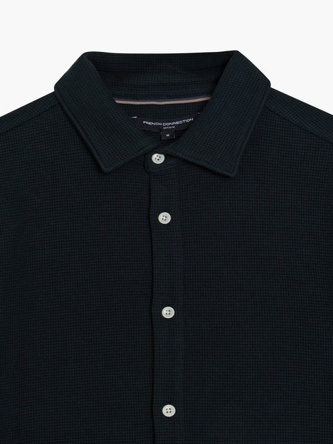 Short Sleeve Textured Button-Through Navy Shirt