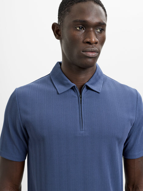 Short Sleeve Blue Stripe Half Zip Polo Shirt