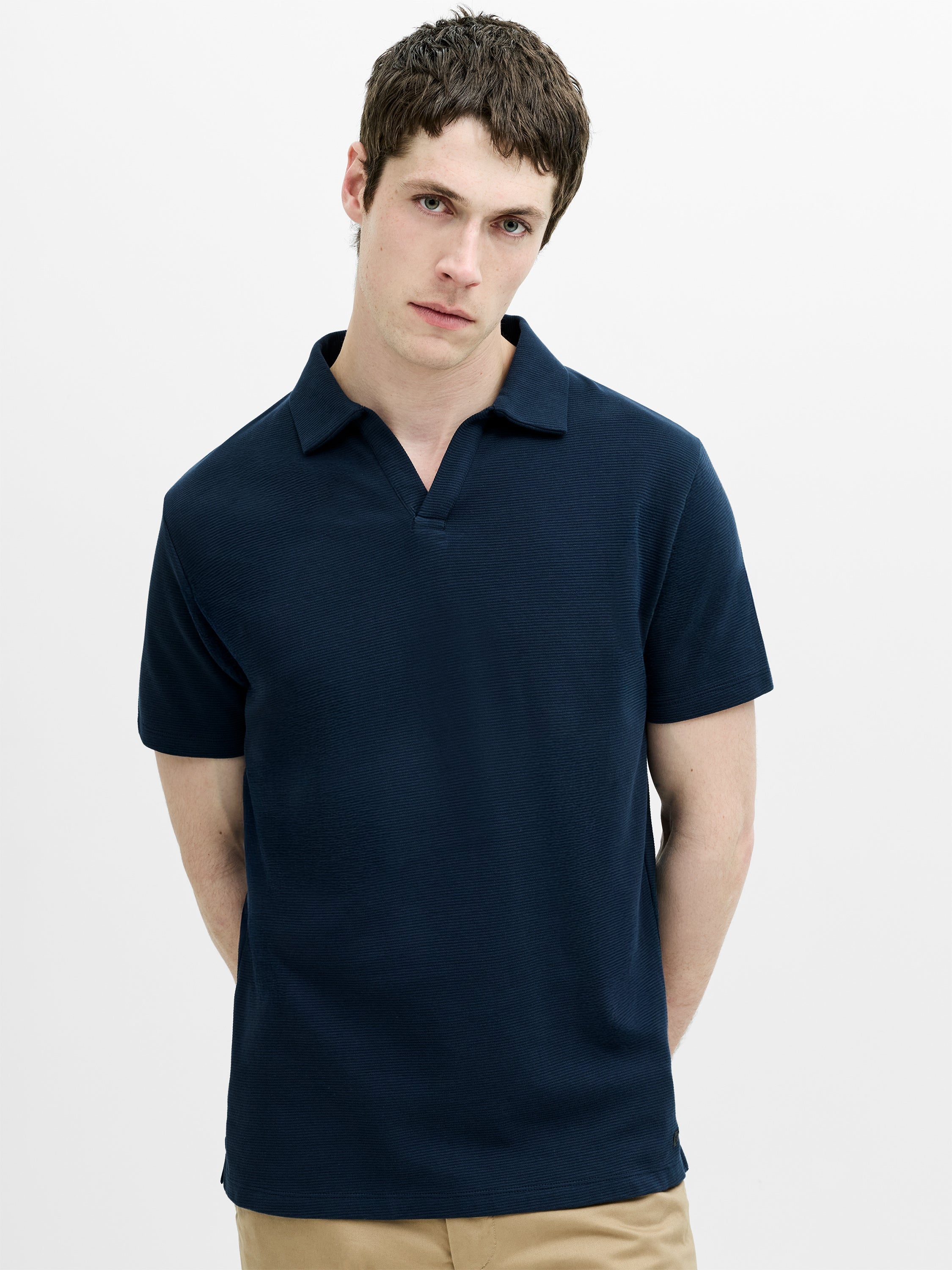 Short Sleeve Ottoman Collar Dark Blue T-Shirt