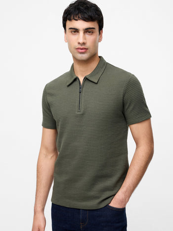 Jacquard Waffle Zip Polo Shirt