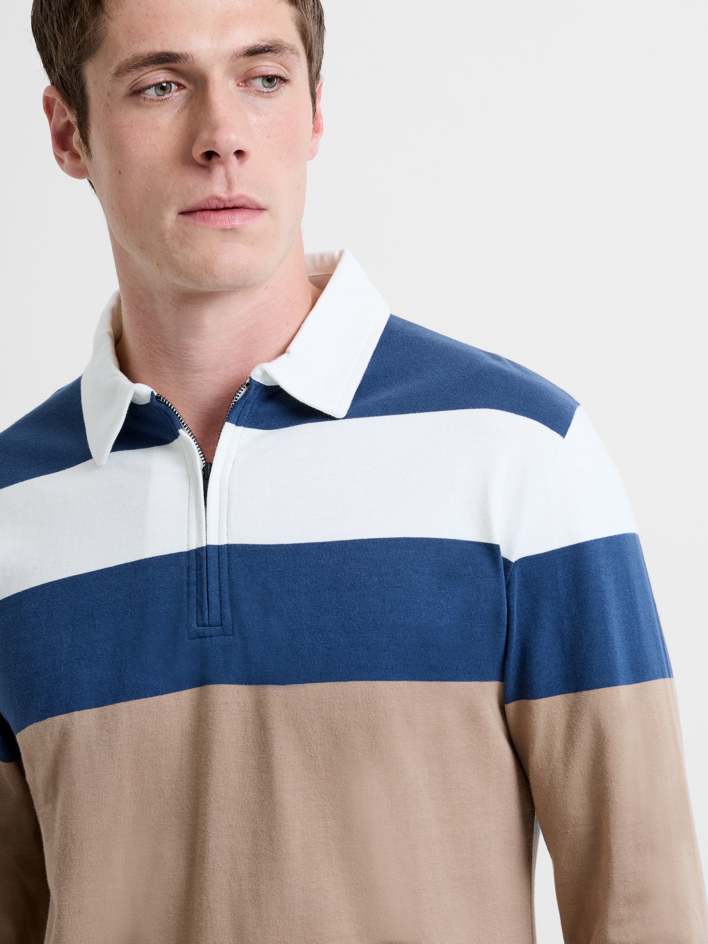 Long Sleeve Striped Zippered Polo Shirt
