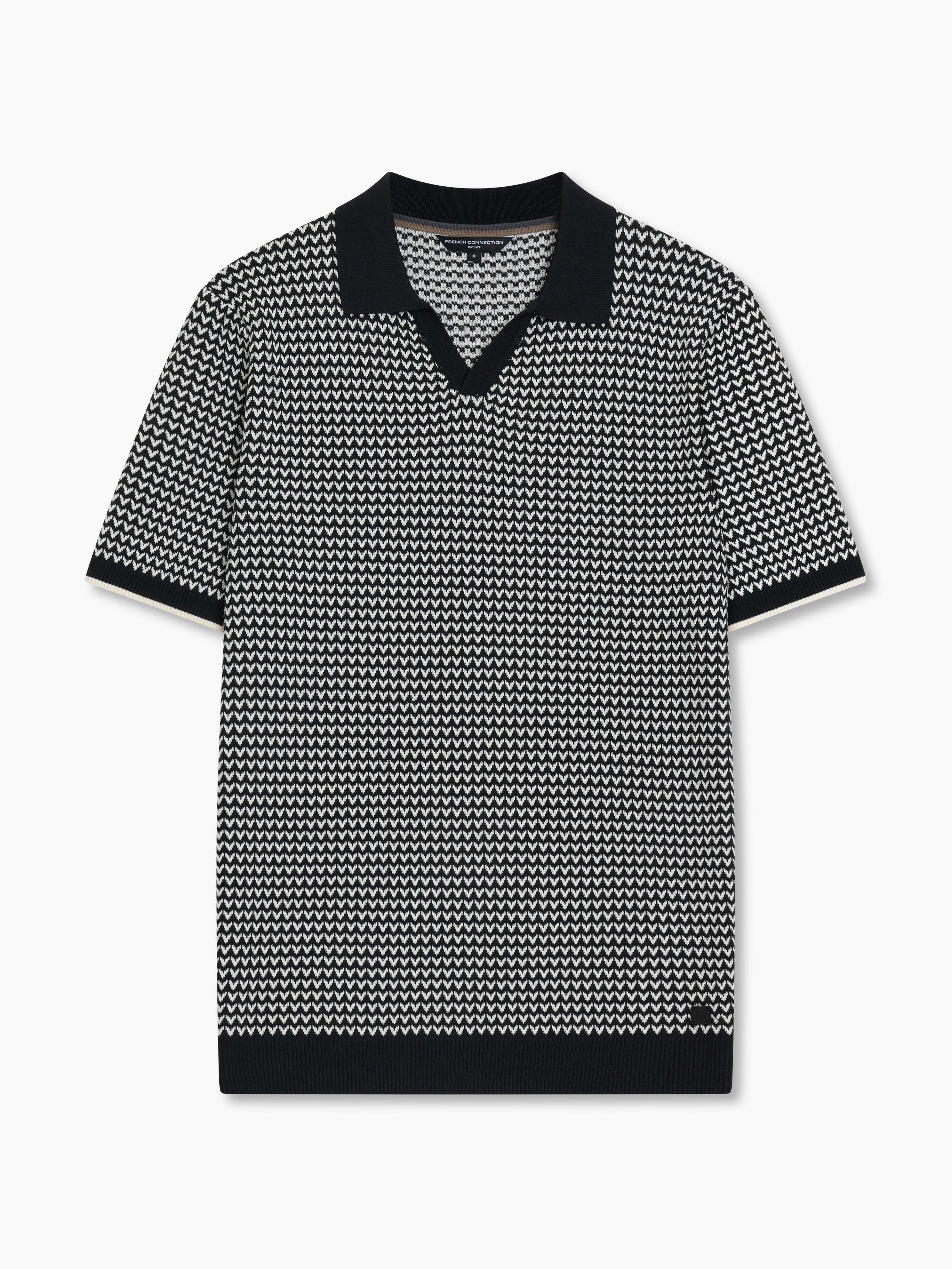 Short Sleeve Black and White Jacquard Knit Polo Shirt
