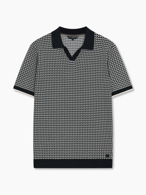 Short Sleeve Black and White Jacquard Knit Polo Shirt