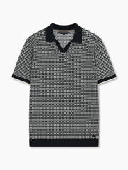 Short Sleeve Black and White Jacquard Knit Polo Shirt