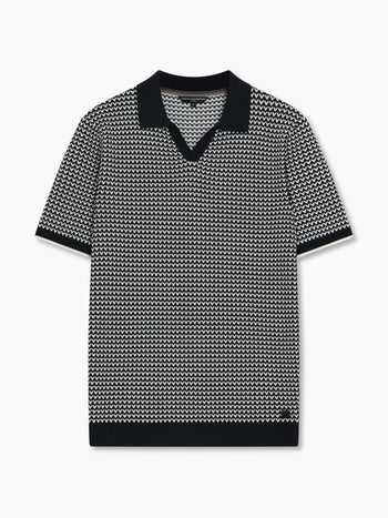 Short Sleeve Black and White Jacquard Knit Polo Shirt