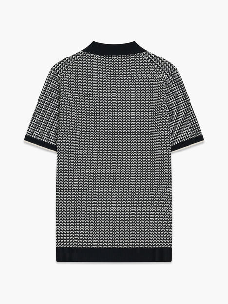 Short Sleeve Black and White Jacquard Knit Polo Shirt