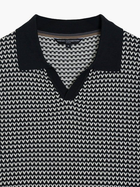 Short Sleeve Black and White Jacquard Knit Polo Shirt