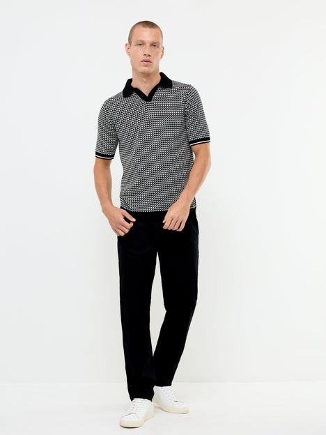 Short Sleeve Black and White Jacquard Knit Polo Shirt