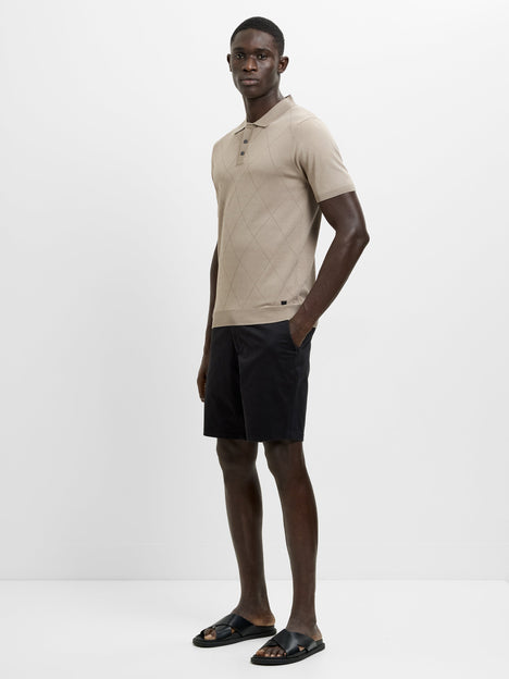 Short Sleeve Light Brown Tonal Argyle Knit Polo Shirt
