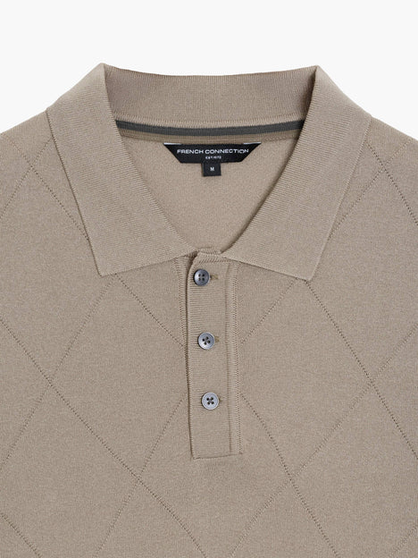 Short Sleeve Light Brown Tonal Argyle Knit Polo Shirt
