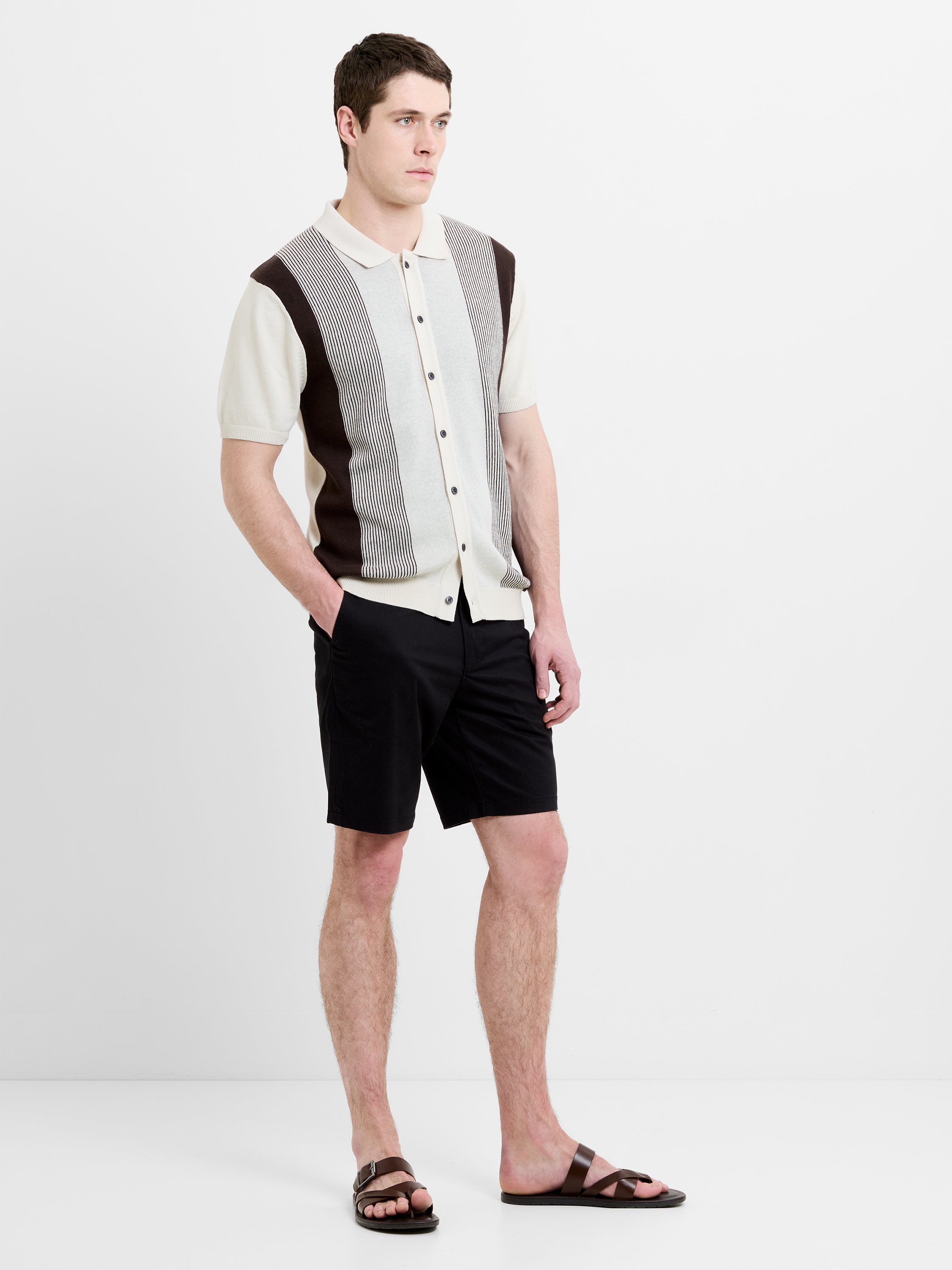 Short Sleeve Button-Down Striped Knit Polo Shirt