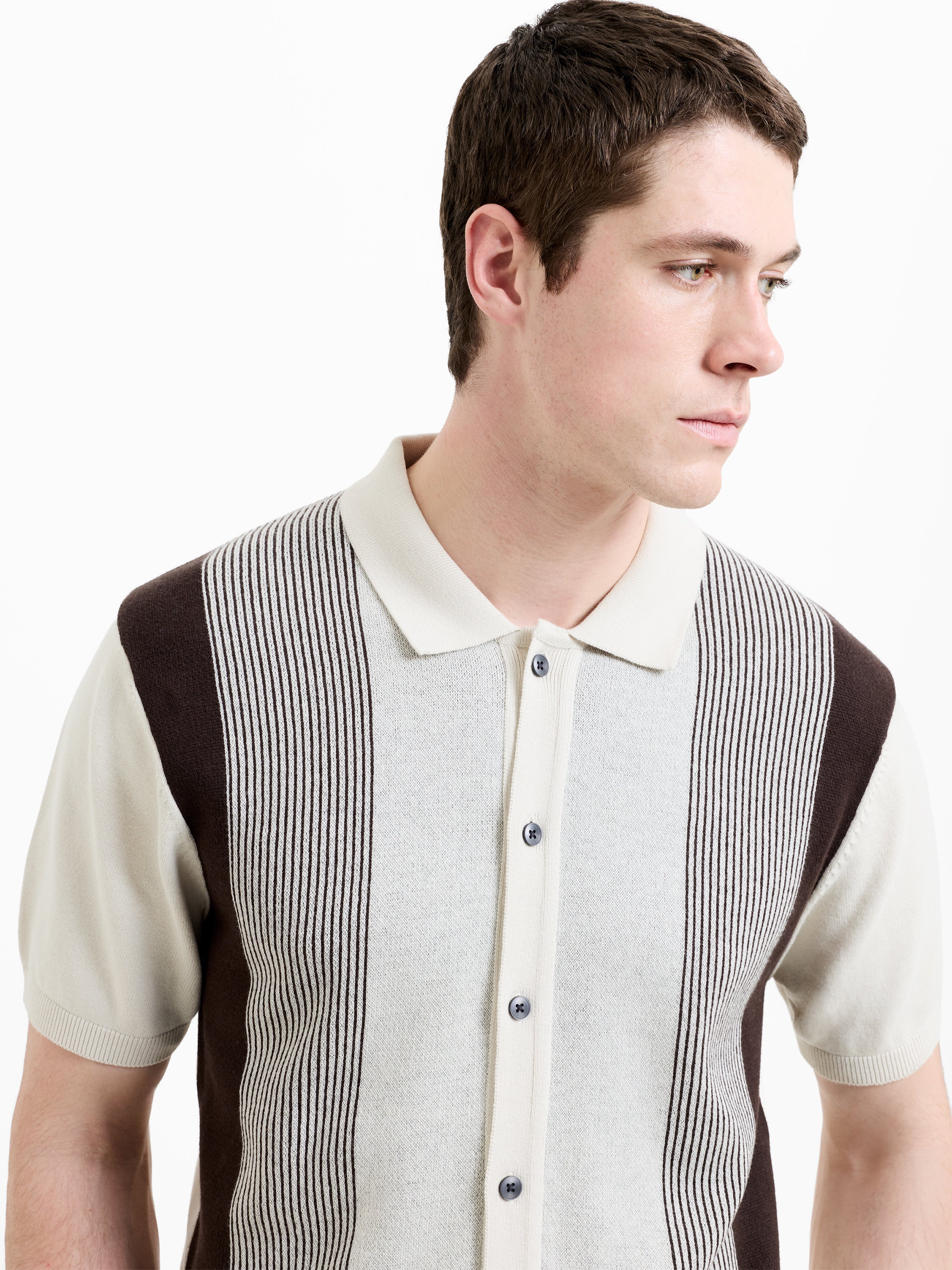 Short Sleeve Button-Down Striped Knit Polo Shirt