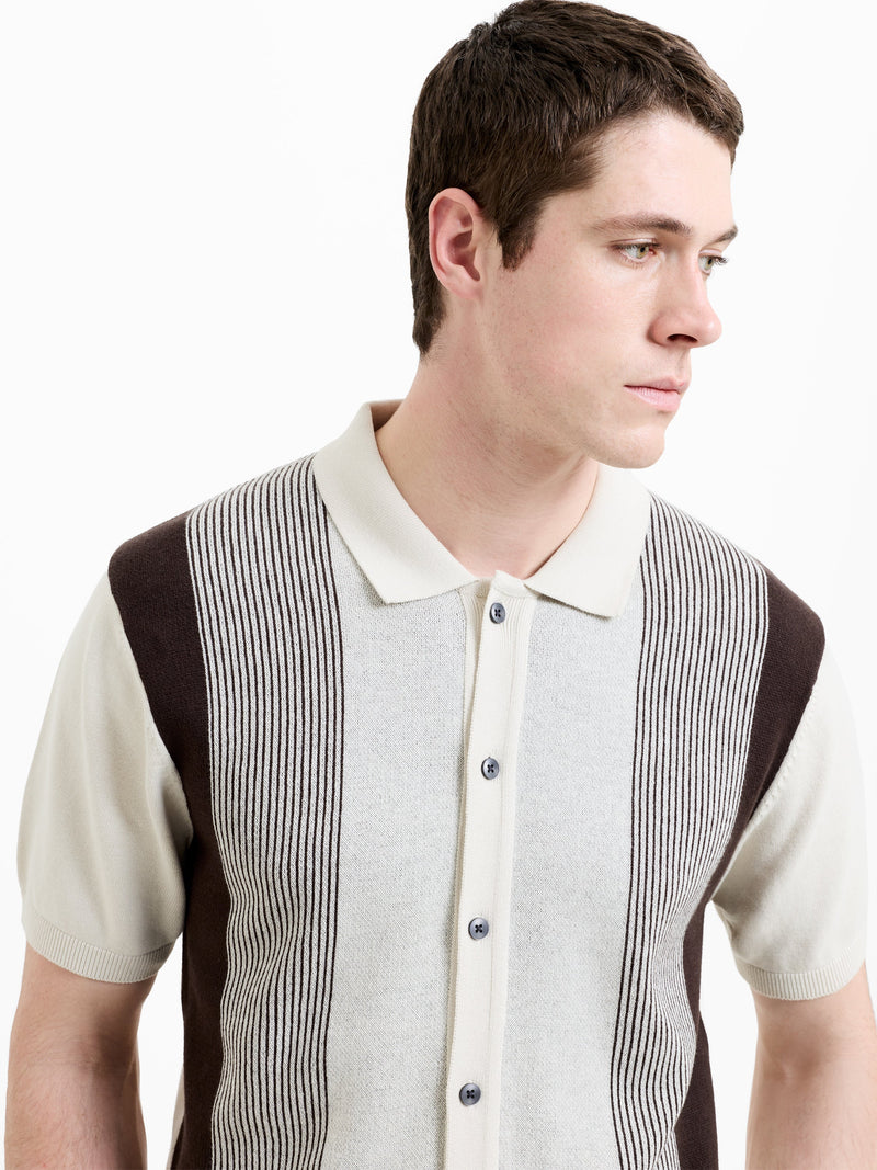 Short Sleeve Button-Down Striped Knit Polo Shirt