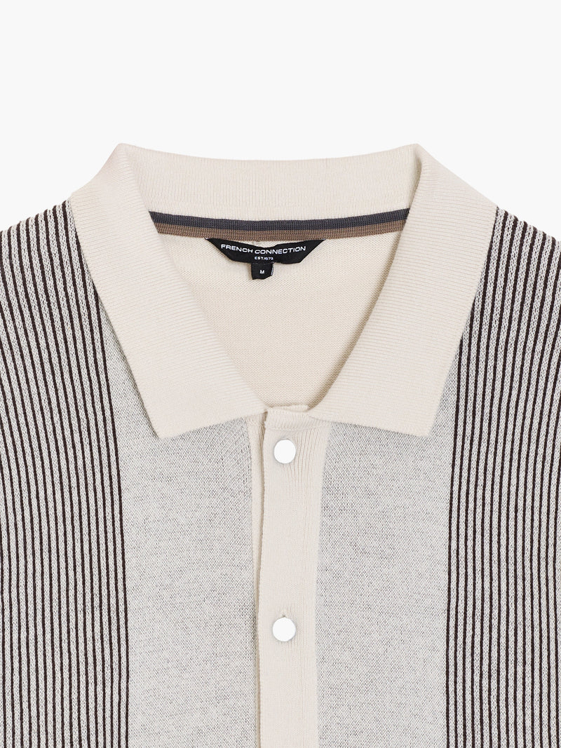 Short Sleeve Button-Down Striped Knit Polo Shirt