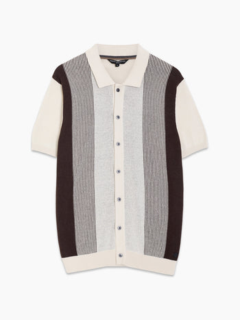 Short Sleeve Button-Down Striped Knit Polo Shirt