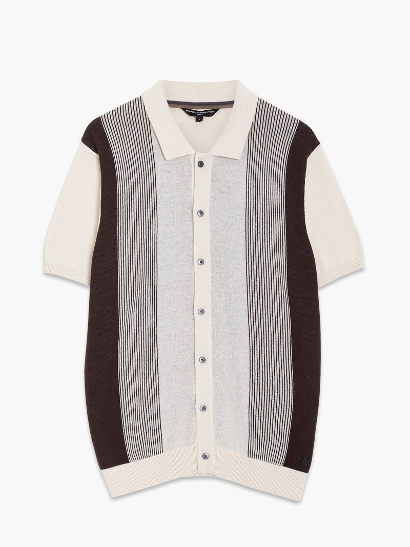 Short Sleeve Button-Down Striped Knit Polo Shirt